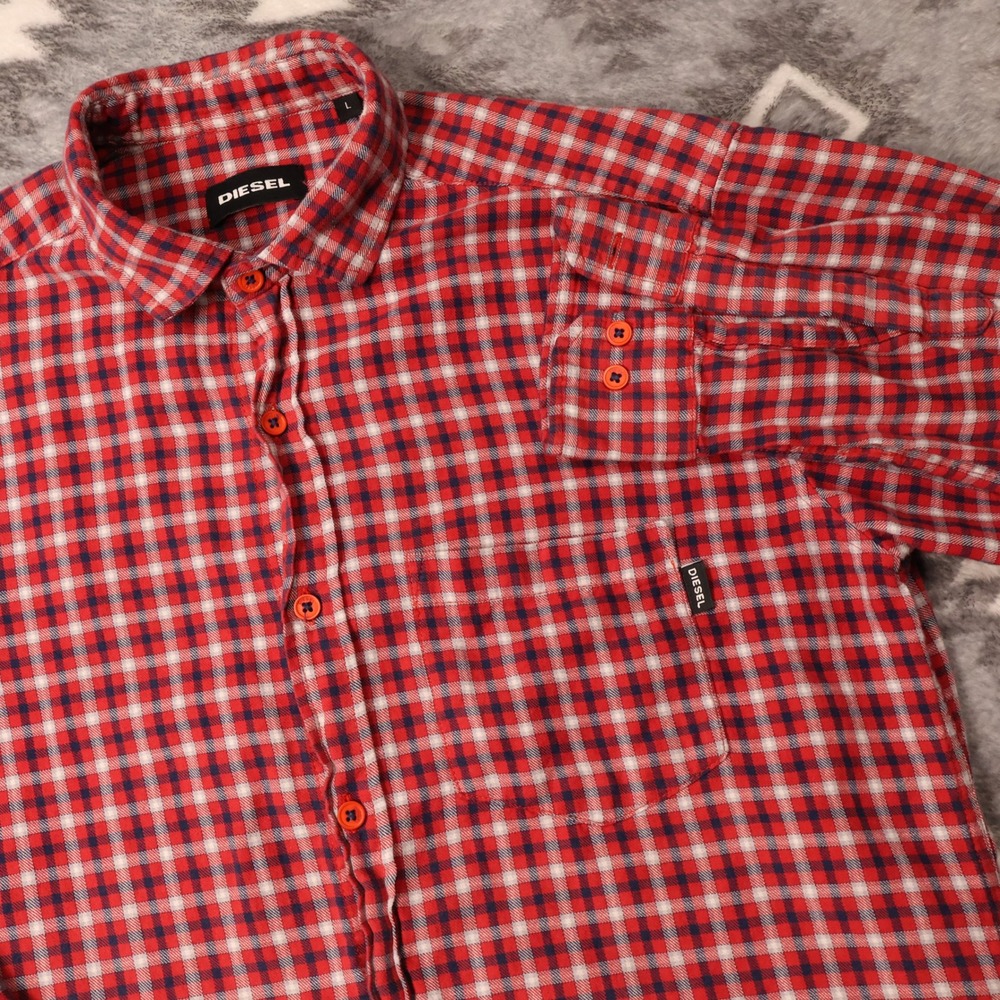 Diesel Mens Red Plaid Long Sleeve Button Up Shirt Large Check Pocket Top